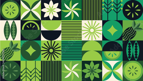 Textile background with autumn rain, vegetables, fruits, flowers Bauhaus pattern with autumn. Mosaic style. Simple geometric shapes.