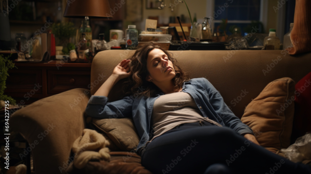 Anxious woman with depression laying on couch at home, suffering from mental illness difficulties in solitude and negativity. Anxious woman with depression laying on couch at home, suffering from mental illness difficulties in solitude and negativity.