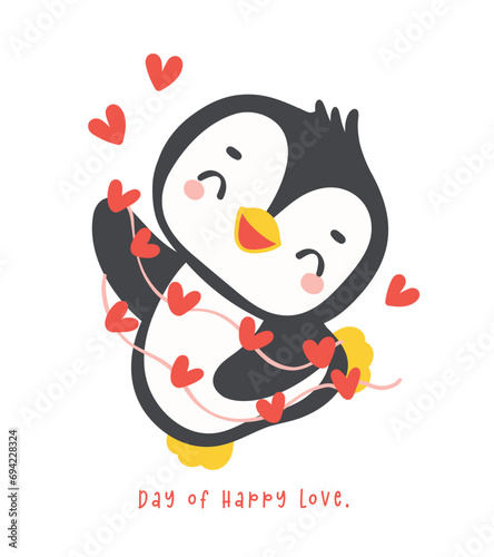 Cute penguin Valentine with red hearts cartoon drawing, Kawaii animal character illustration.
