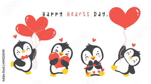 Cute penguins with heart cartoon drawing, Kawaii Valentine animal character illustration banner.