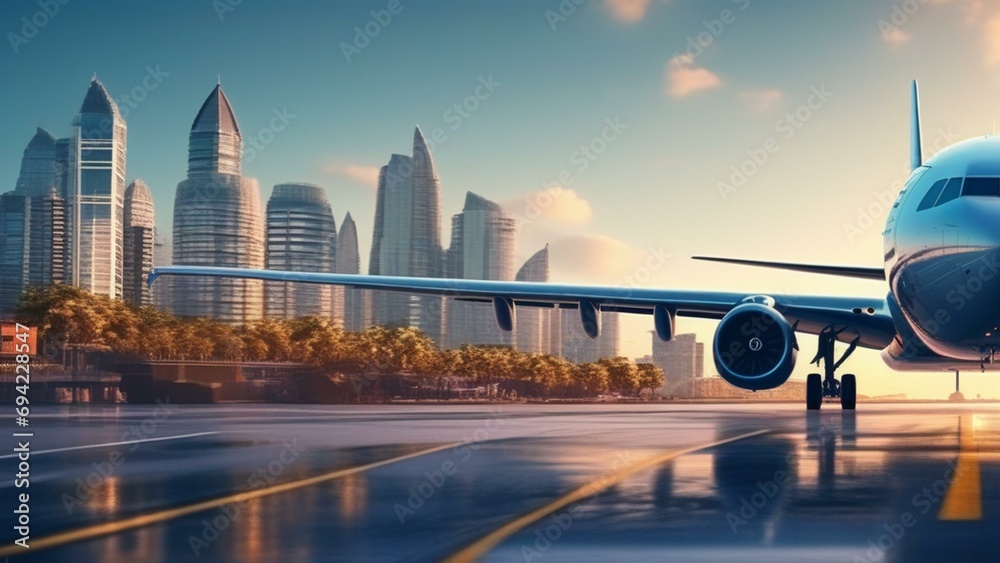 travel airplane landing in beautiful city cinematic wallpaper - obrazy, fototapety, plakaty 