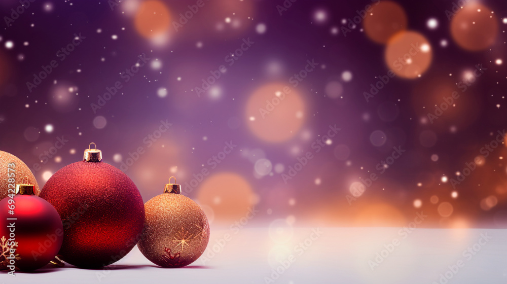 Christmas banner with festive new year decorations on winter nature background. Postcard with copy space. Generative AI Christmas banner with festive new year decorations on winter nature background. Postcard with copy space. Generative AI