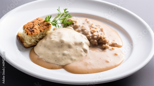 a biscuits and gravy, each element meticulously displayed on a white plate, highlighting the delightful combination of textures and flavors.