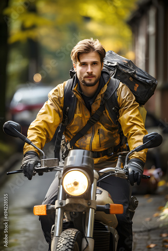 Caucasian Young delivery man riding motorcycle delivering food in the city