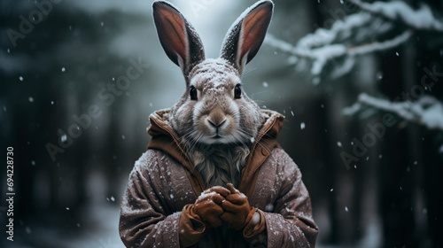 Rabbit in cute suit on winter background. Generative AI © Odin