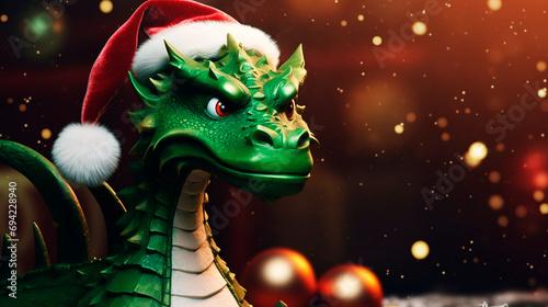 New year symbol, green chinese dragon in santa claus hat. Postcard, wallpaper, background. Generative AI 