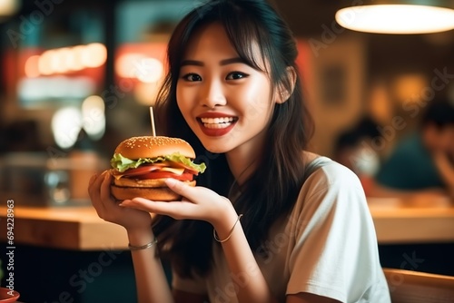 medium shot of an Asian woman eating hamburger in restaurant 