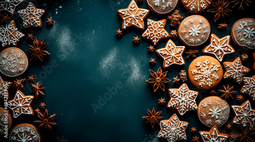 Banner with Christmas cookies and spices. Winter postcard with copy space. Generative AI  