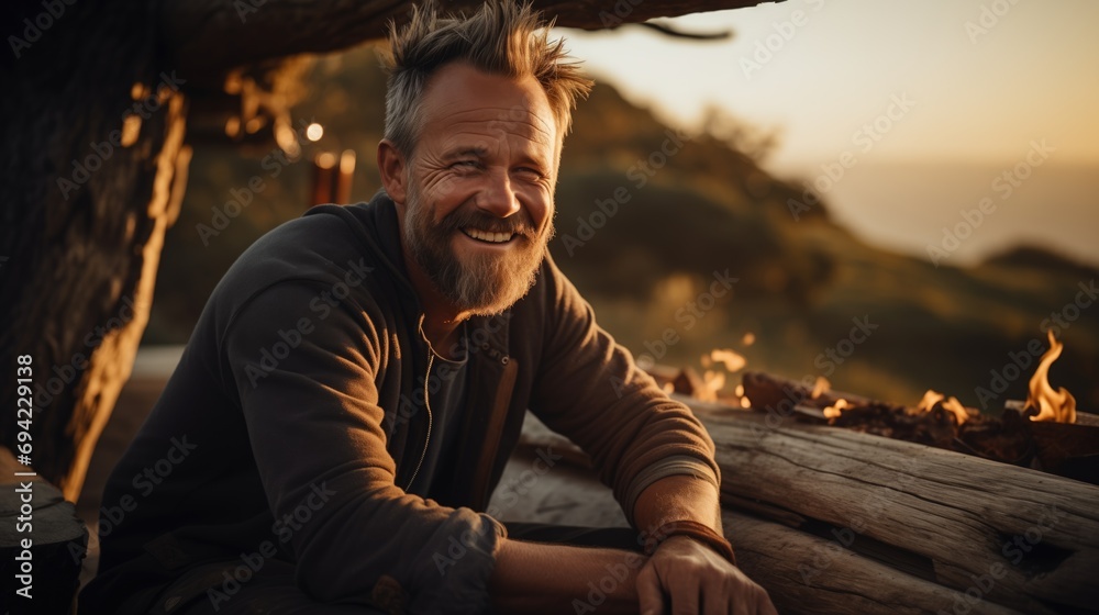 smiling man with logs next to a barn. smiles in a woodcutting portrait smiling smiling man with logs next to a barn. smiles in a woodcutting portrait smiling