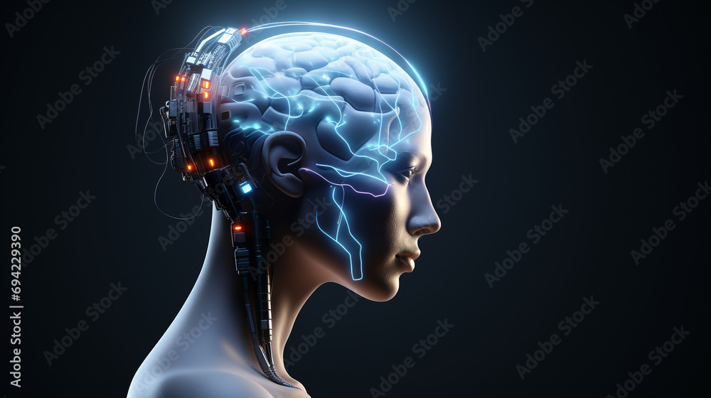 Obraz premium Revolutionized Mind: AI-Enhanced Human Intelligence in a Futuristic World