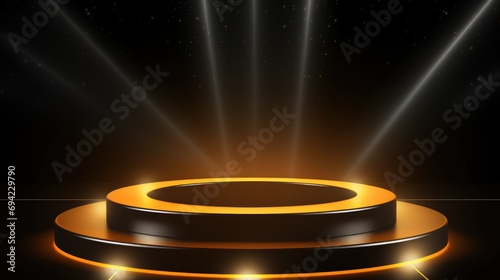A round podium illuminated by spotlights.