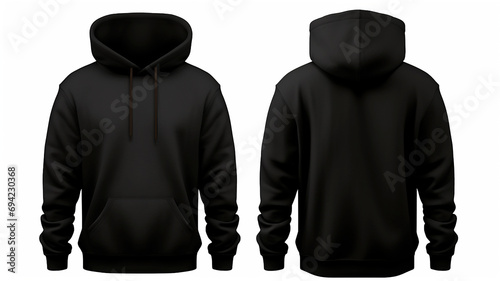 Black hoodie with front and back view for mockup with white background.