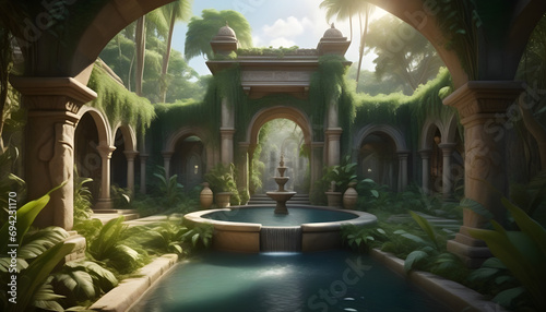 A hidden jungle place with stone furniture, vines, secret garden, golden water fountain ai generation photo