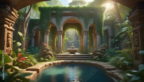 A hidden jungle place with stone furniture  vines  secret garden  golden water fountain ai generation
