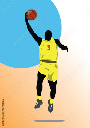 Fototapeta Naklejka Na Ścianę i Meble -  Basketball player poster. Colored Vector 3d illustration for designers. Hand Drawn illustration