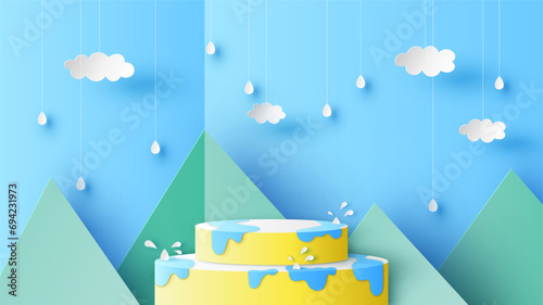 Circular stage podium for rainy season with water splash decorated with cloud, rain drops, mountain view and blank space. Rainy season backdrop. paper cut and craft style. vector, illustration.