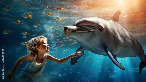 Blonde hair boy playing with a dolphin in a huge pool with a ball. Strong friendship between a child and an animal