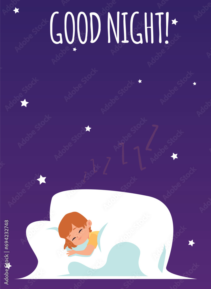 Good night poster - cartoon child sleeping on cloud in dark night sky