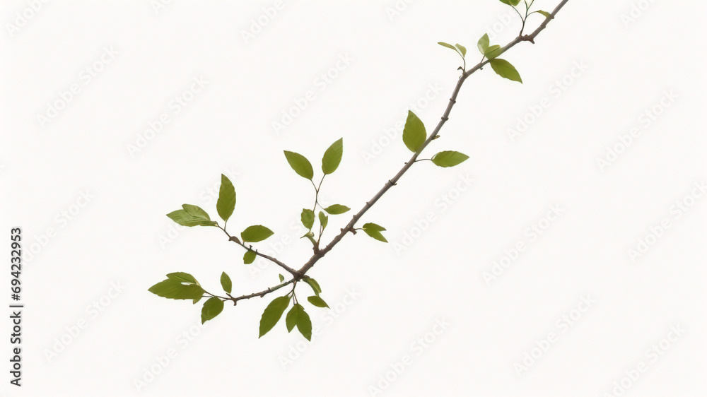 Pequeña rama de árbol con hojas verdes. Planta vectorial detallada, aislada sobre fondo blanco.
