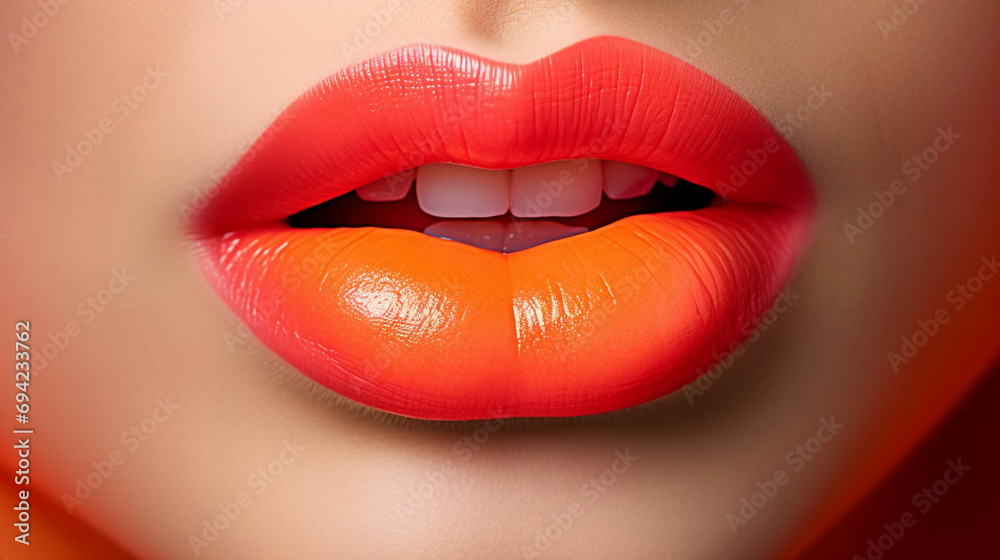 Orange lipstick on a woman's lips. Orange lipstick on a woman's lips.