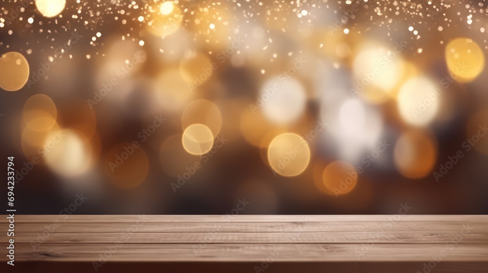 A blank wooden table surface with a gentle blur of golden light particles, designed as a template for showcasing products. Christmas and New Year theme
