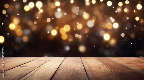 Wallpaper Mural An empty wooden tabletop adorned with softly blurred golden light particles, serving as a template for product displays. Christmas and New Year theme
 Torontodigital.ca