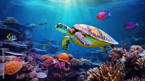 Photo of turtles swimming on Coral reefs in shallow seas, filled with marine plants and beautiful ecosystems
 photo