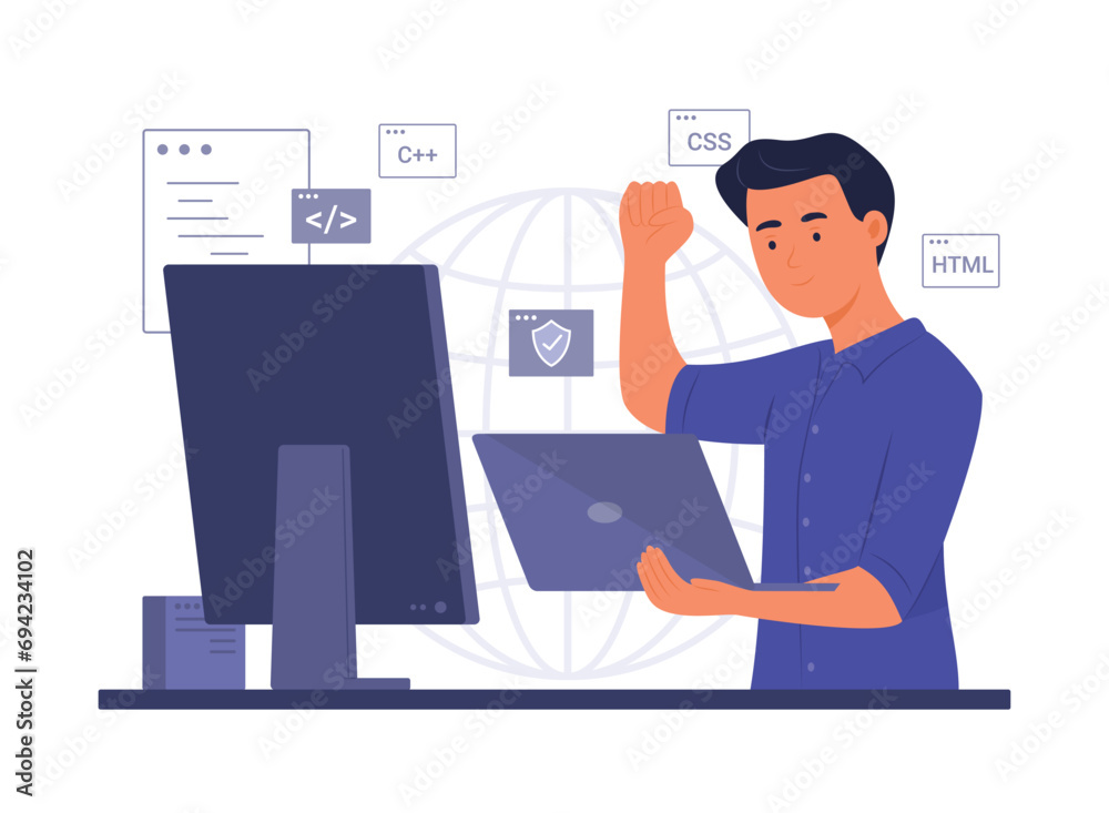 Programmer Man Process Coding for Software Development Concept Illustration Programmer Man Process Coding for Software Development Concept Illustration