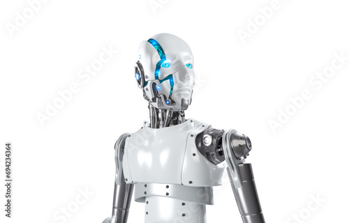 3D render of AI humanoid robot with digital graphic brain engine inside head isolated on transparent background, 3D illustration