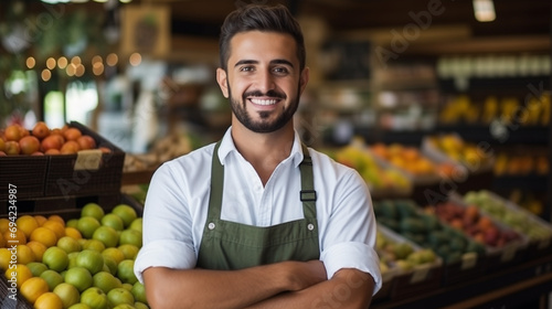 Waist up portrait of young man working in supermarket.