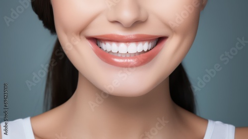  A close-up photo of a beautiful woman with a radiant smile against a gray background, promoting teeth whitening, and dental care products.