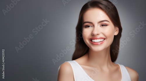 A photograph featuring a lovely woman with a beautiful smile and an attractive face  ideal as a promotional model for facial care  dental care  and beauty products.