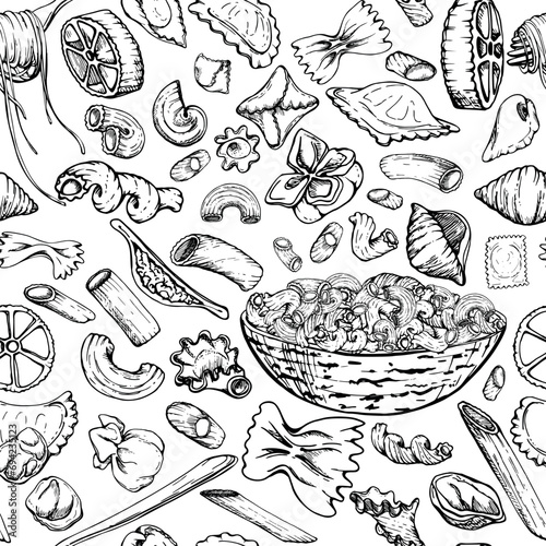 Hand drawn vector ink illustration. Different types of pasta Italian cuisine dish assortment penne ravioli spiral. Seamless pattern isolated on white. Restaurant menu, food shop package, flyer, print.