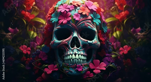 Animated decorative skull surrounded by colorful blooming flowers photo