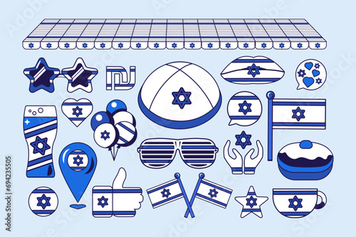 Set of festive elements, attributes of Israel Jewish Holidays. Star of David, balloons, drink glass, Israel flag, national headdress, star sunglasses. Cartoon vector icons in colors of Jewish flag