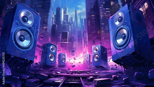 Music on urban city with neon color music background. 4k loop animation