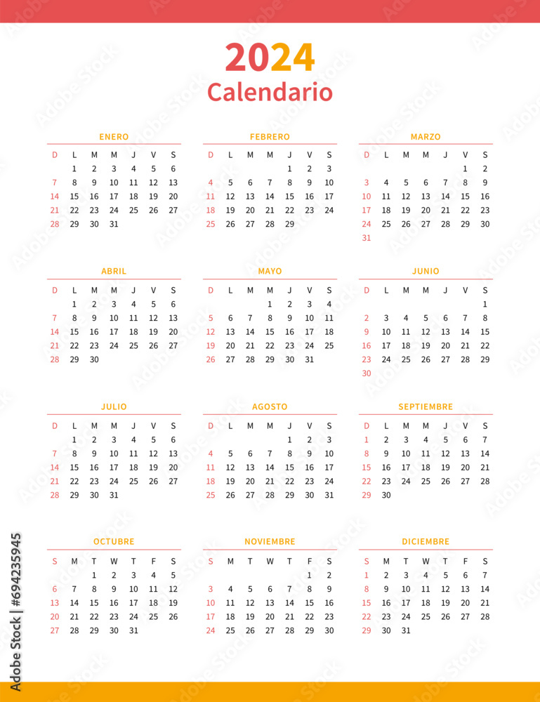 Spanish calendar planner for 2024. Annual Vertical template vector illustration. Full months for wall calendar. Spanish language, week starts from Sunday. Spanish calendar planner for 2024. Annual Vertical template vector illustration. Full months for wall calendar. Spanish language, week starts from Sunday.
