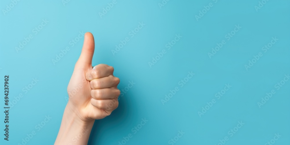 Thump up hand sign isolated on blue background. Business concept, banner - obrazy, fototapety, plakaty 