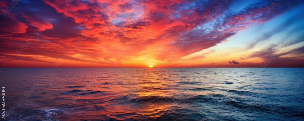 Enjoy the mesmerizing beauty of a sunset over the ocean, adorned with vibrant colors on the horizon.