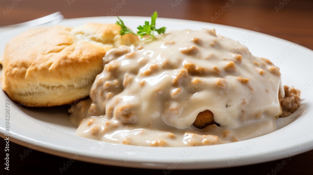 a biscuits smothered in luscious, homemade gravy, the wholesome goodness and inviting texture showcased against a simple white backdrop.