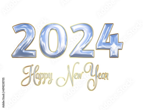Year 2024, number 2024, Happy new Year metallic silver style, gold borders, 3d 2024