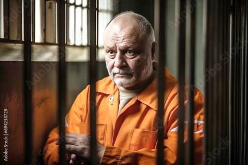 A middle-aged prisoner in an orange uniform sits in a prison cell. The criminal serves his sentence in a prison cell. A prisoner behind bars in a prison or detention center. photo