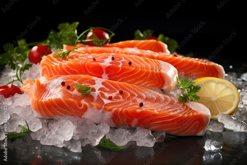 The freshest steak or fillet of fresh Atlantic salmon with herbs. Fresh fish chilled in ice. close-up. Ready to eat. The freshest steak or fillet of fresh Atlantic salmon with herbs. Fresh fish chilled in ice. close-up. Ready to eat.