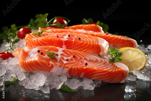 The freshest steak or fillet of fresh Atlantic salmon with herbs. Fresh fish chilled in ice. close-up. Ready to eat.