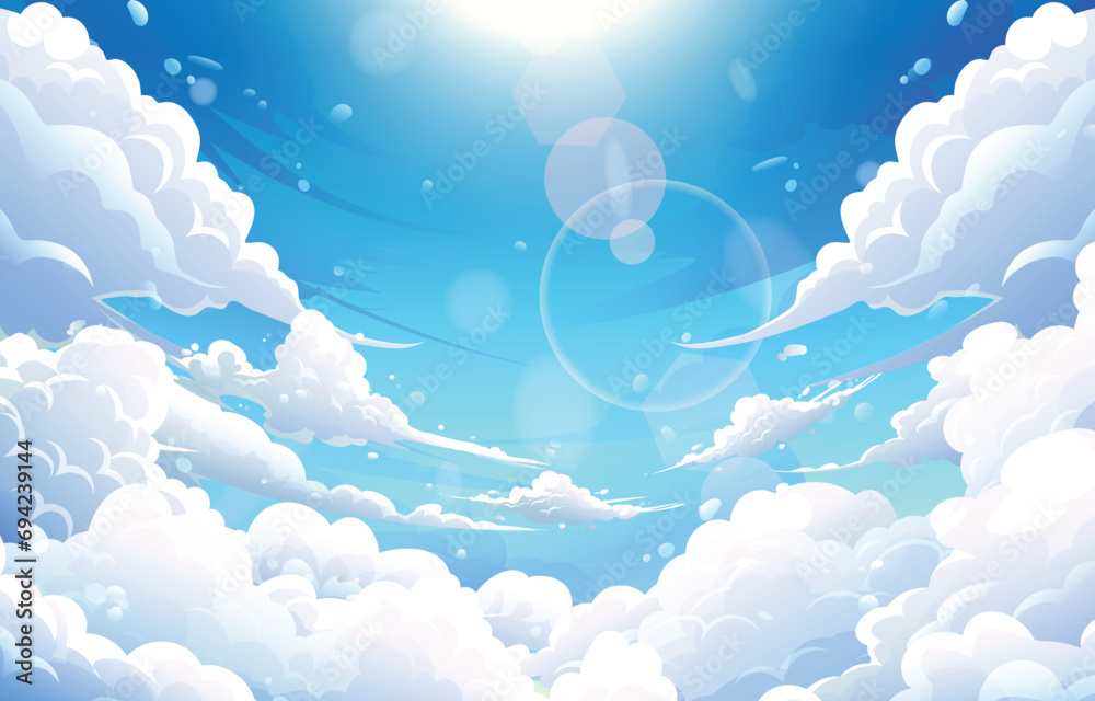 Blue sky with clouds. Anime style background with shining sun and white fluffy clouds. Sunny day sky scene cartoon vector illustration. Heavens with bright weather, summer season outdoor
