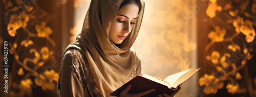 A woman in a mosque reads the holy book Koran. Faith. Muslim traditions. photo