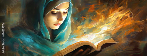 Canvas-taulu A woman in a mosque reads the holy book Koran