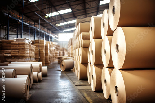 Warehouse for finished products of a paper mill. Large rolls of paper in the workshop. Production of paper and cardboard. photo