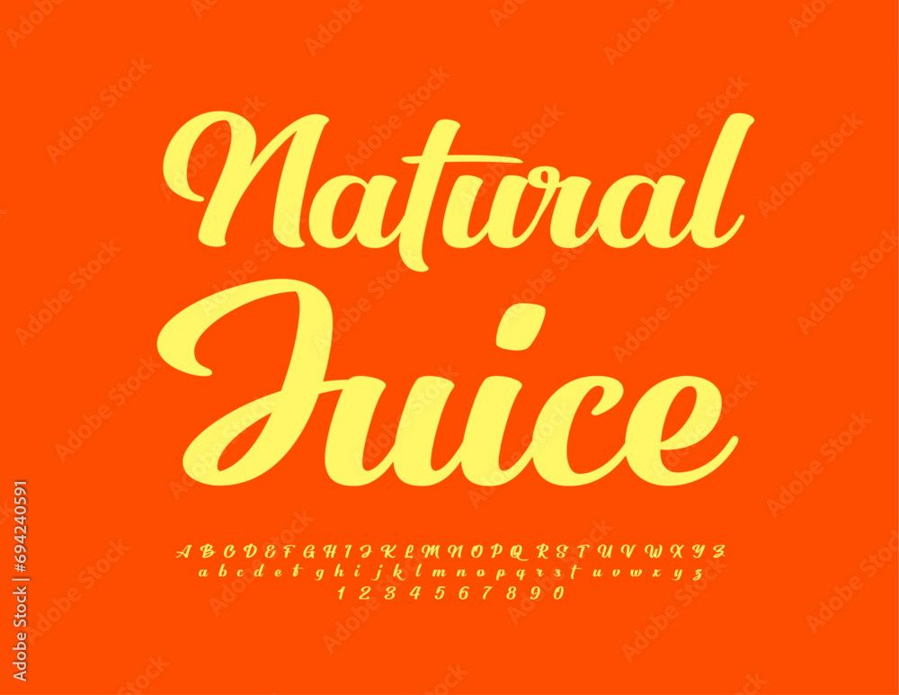 Vector Bright Label Natural Juice. Stylish Cursive Font. Modern Alphabet Letters, Numbers and Symbols.