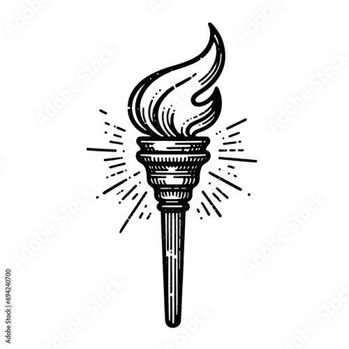 Hand drawn, minimal, engraving art style, torch with flame, doodling logo © PatternHousePk